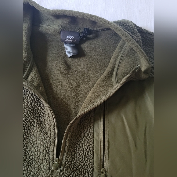 Champion Army Fleece Pullover Sweatshirt Hunter Green Pocket XL Zip Fuzzy Sherpa - Picture 8 of 10